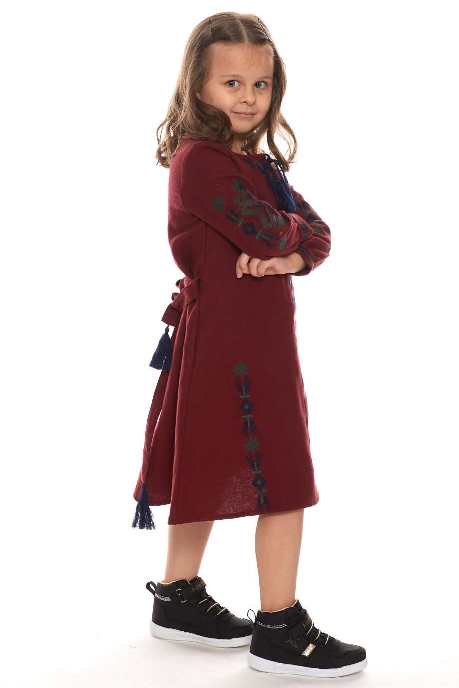 Newbutix Bordo Uzun Kol Pazen Nakışlı  Çocuk Elbise