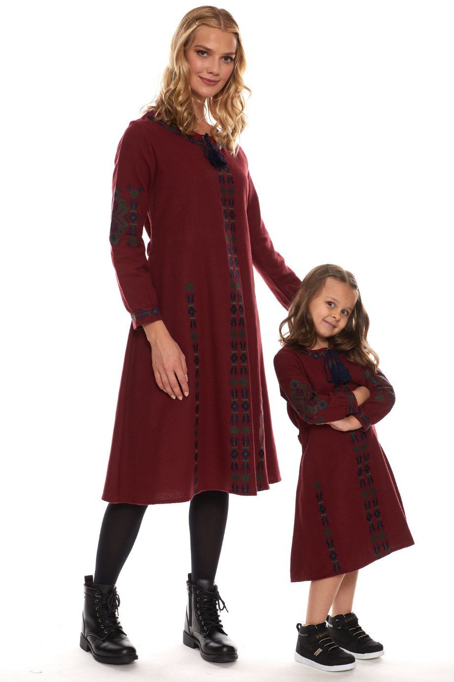 Newbutix Bordo Uzun Kol Pazen Nakışlı  Çocuk Elbise
