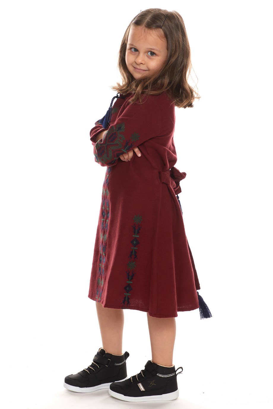 Newbutix Bordo Uzun Kol Pazen Nakışlı  Çocuk Elbise