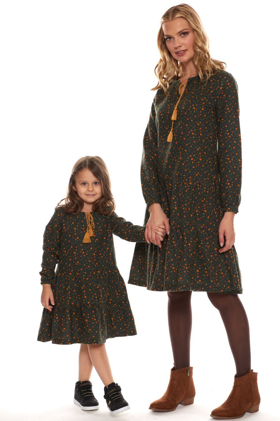 Newbutix Haki Uzun Kol Pazen  Püskül Yaka  Çocuk Elbise 