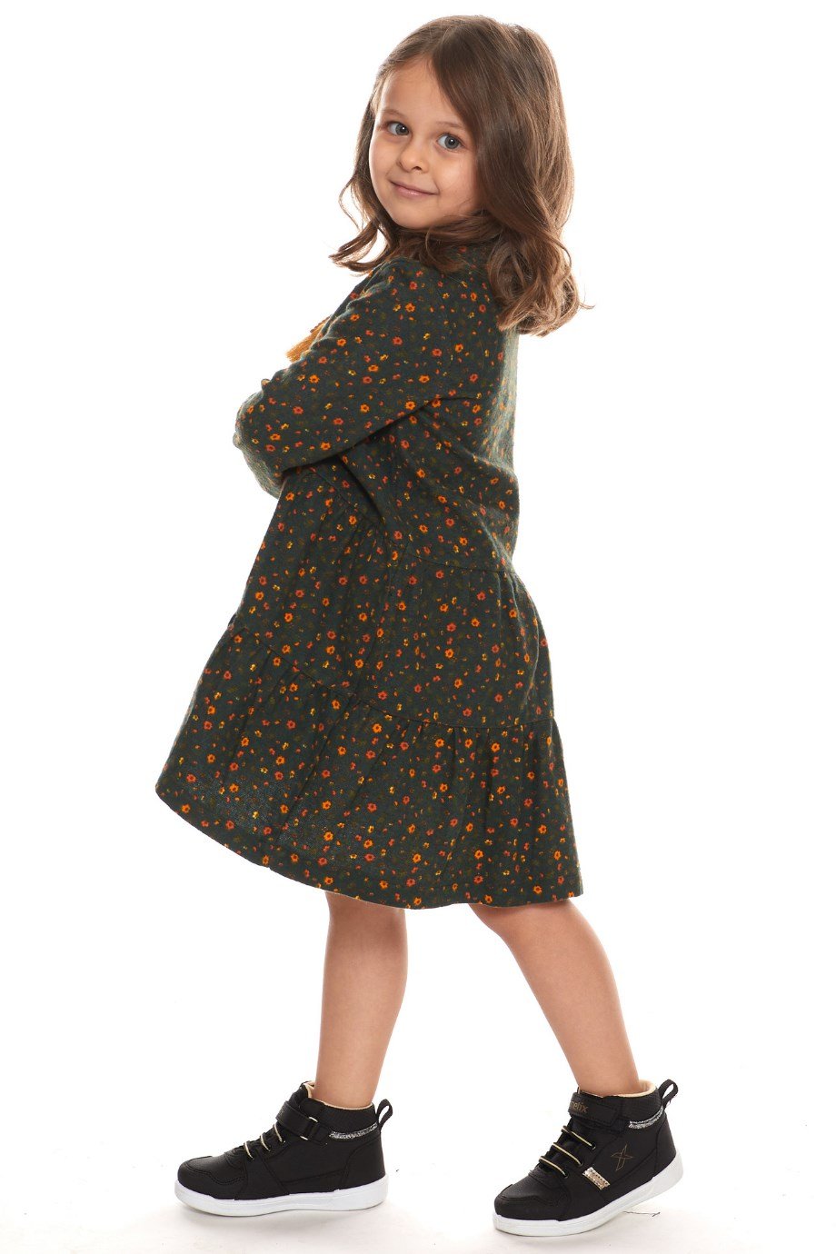 Newbutix Haki Uzun Kol Pazen  Püskül Yaka  Çocuk Elbise 