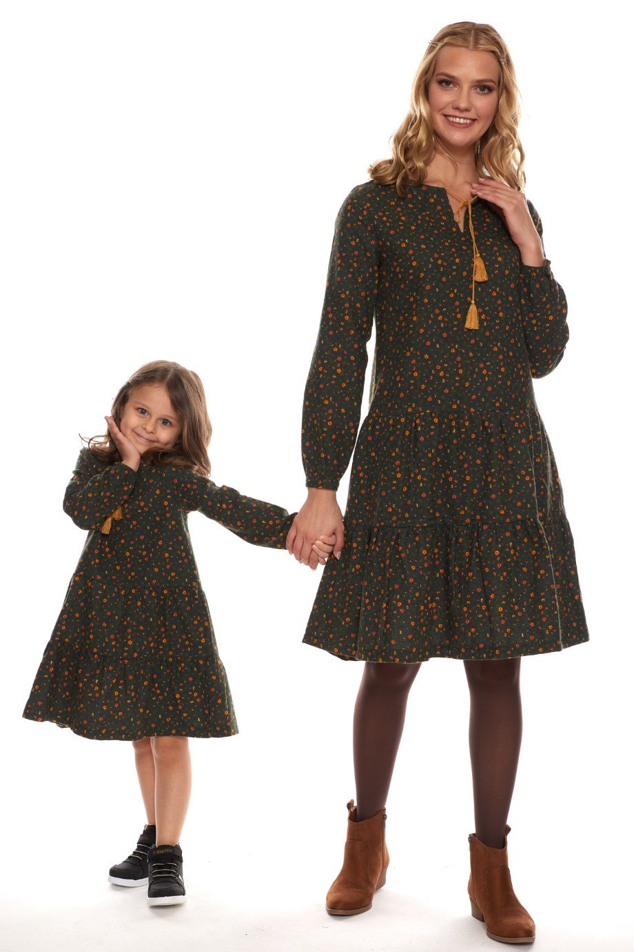 Newbutix Haki Uzun Kol Pazen  Püskül Yaka  Çocuk Elbise 