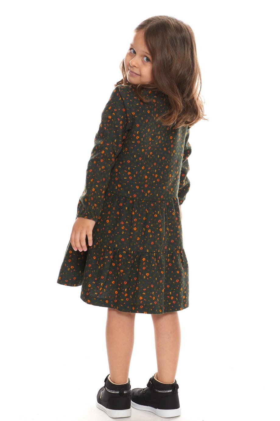 Newbutix Haki Uzun Kol Pazen  Püskül Yaka  Çocuk Elbise 