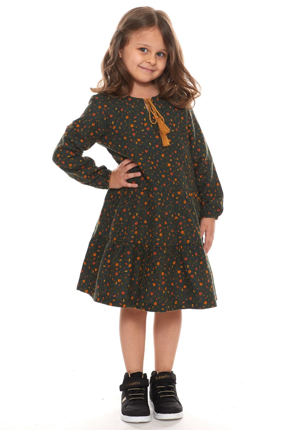 Newbutix Haki Uzun Kol Pazen  Püskül Yaka  Çocuk Elbise 