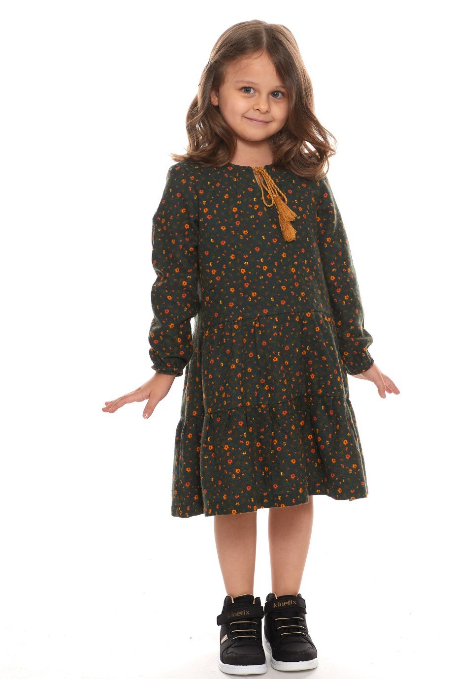 Newbutix Haki Uzun Kol Pazen  Püskül Yaka  Çocuk Elbise 