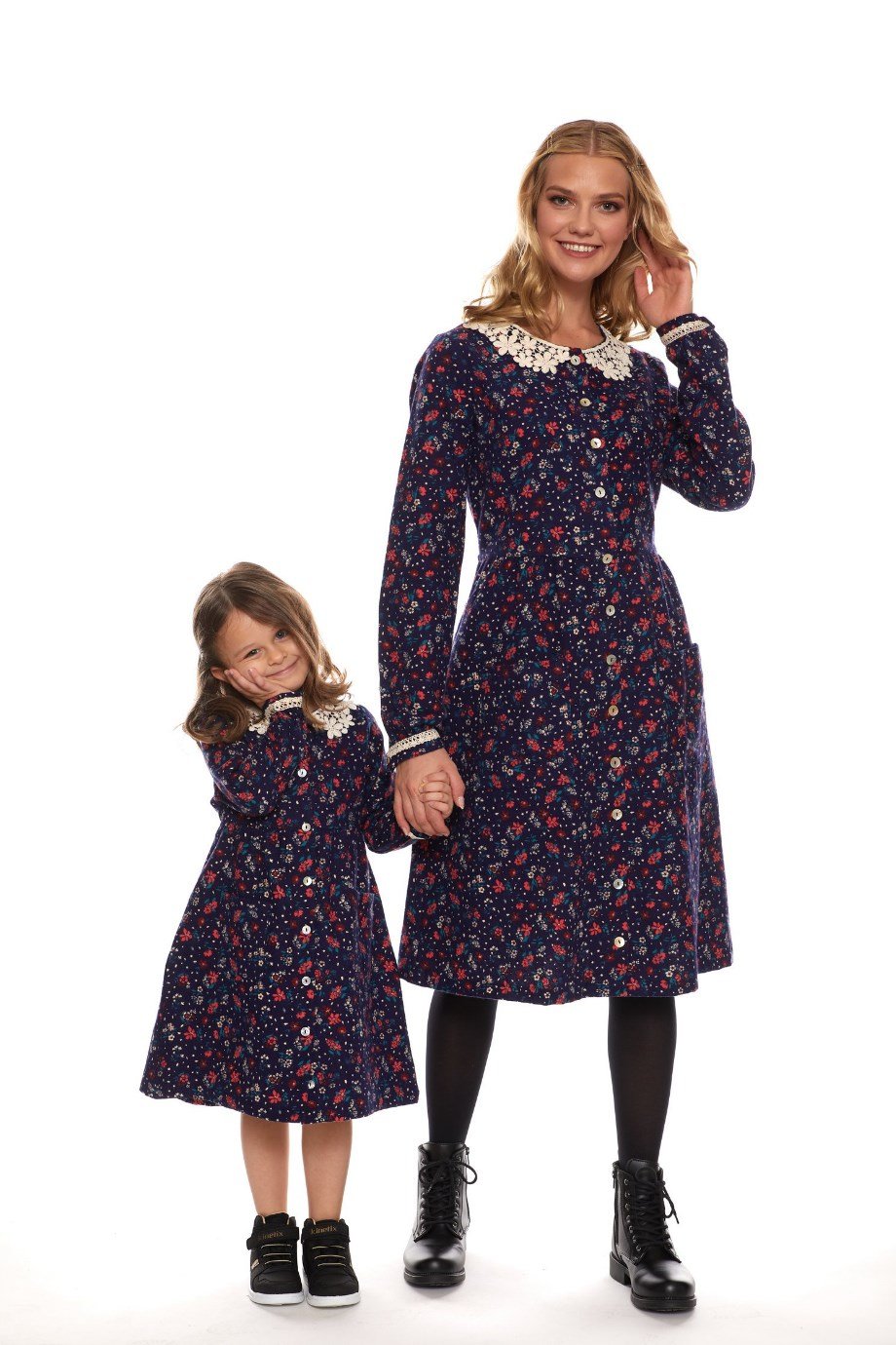 Newbutix Lacivert Uzun Kol Pazen Yakalı Çiçek Desen Çocuk Elbise 