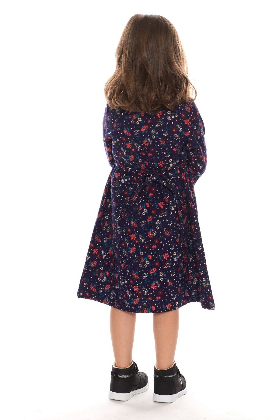 Newbutix Lacivert Uzun Kol Pazen Yakalı Çiçek Desen Çocuk Elbise 