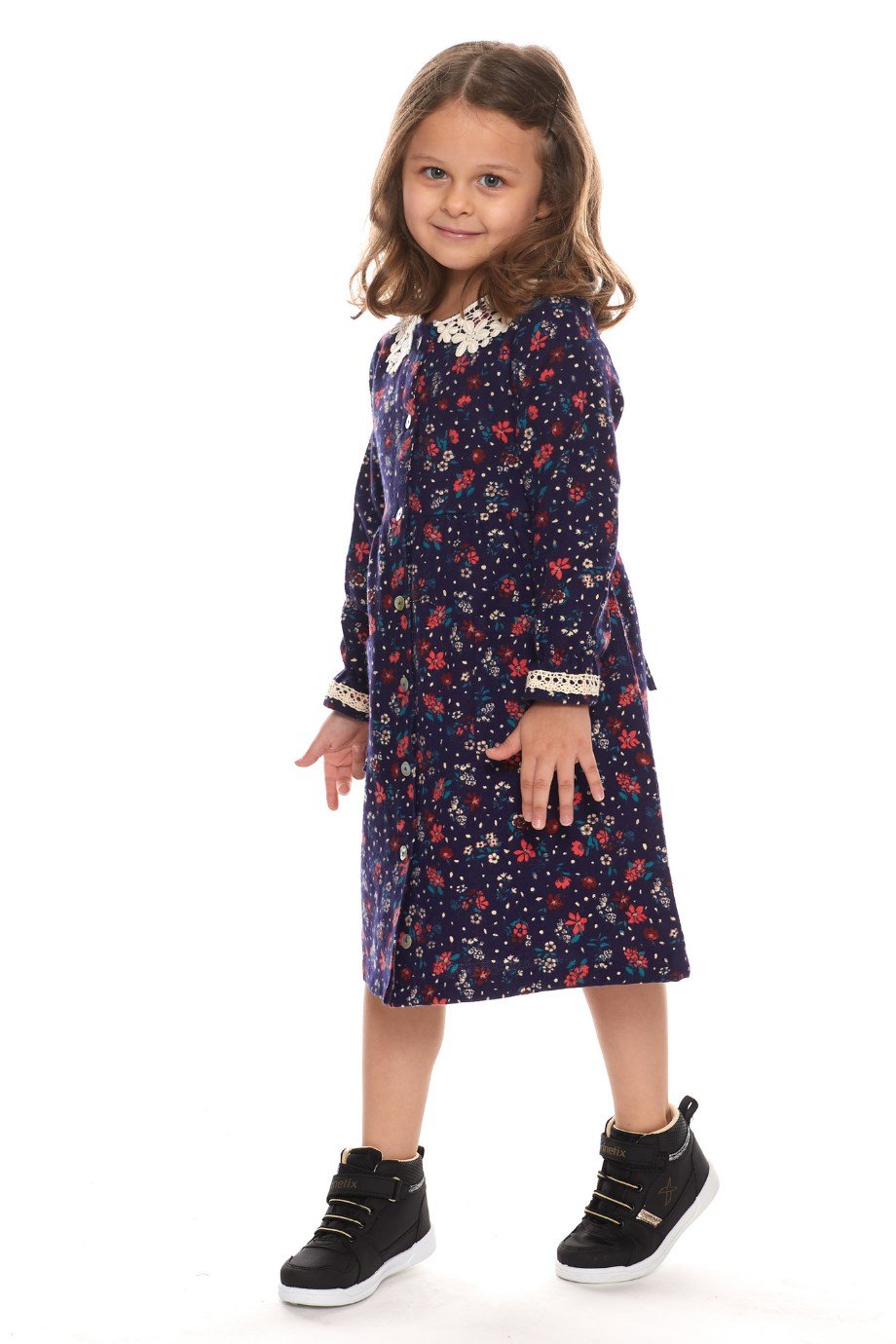 Newbutix Lacivert Uzun Kol Pazen Yakalı Çiçek Desen Çocuk Elbise 