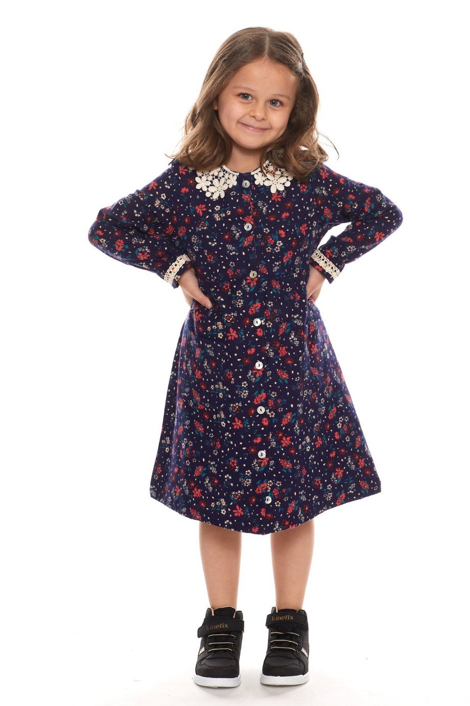 Newbutix Lacivert Uzun Kol Pazen Yakalı Çiçek Desen Çocuk Elbise 