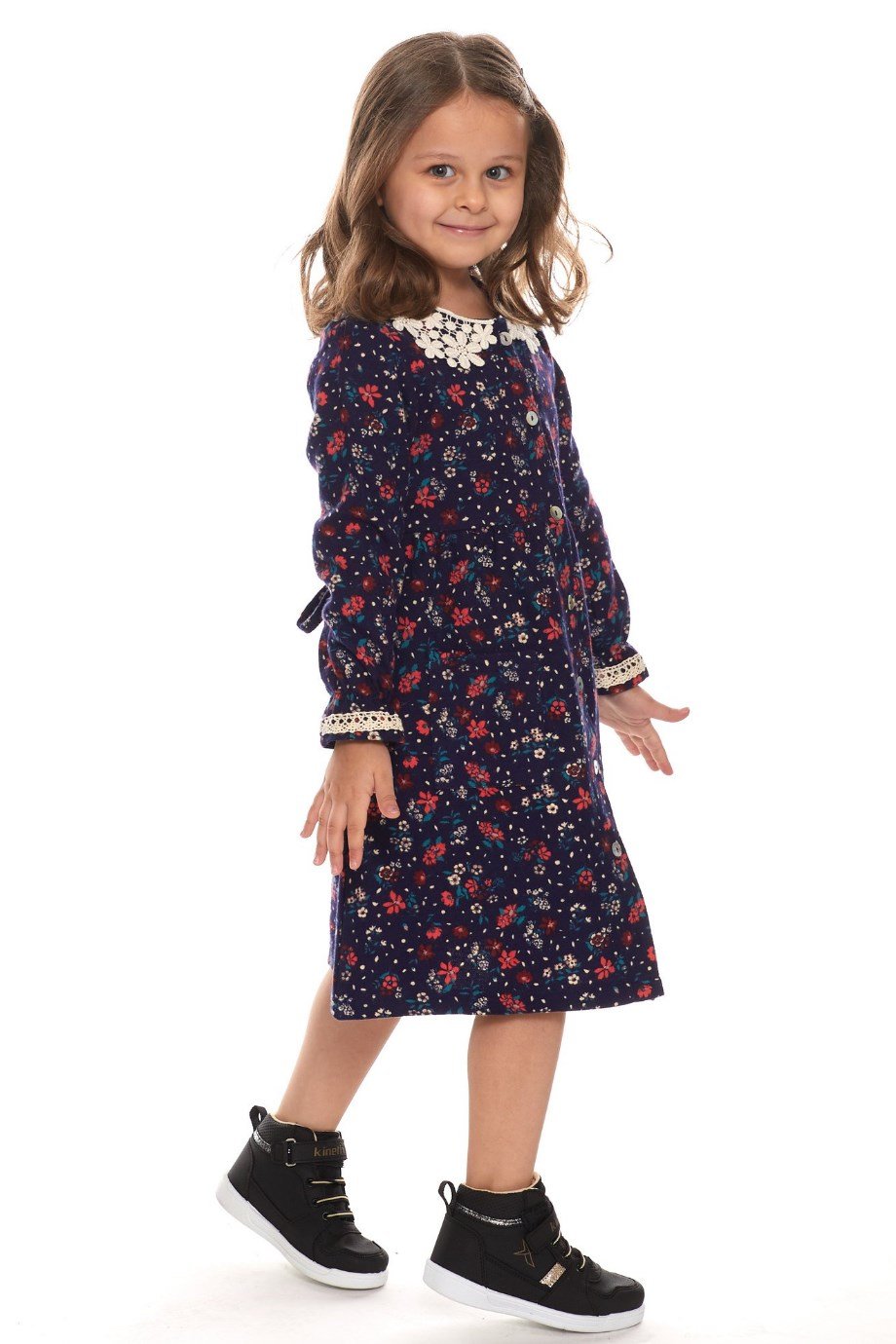 Newbutix Lacivert Uzun Kol Pazen Yakalı Çiçek Desen Çocuk Elbise 