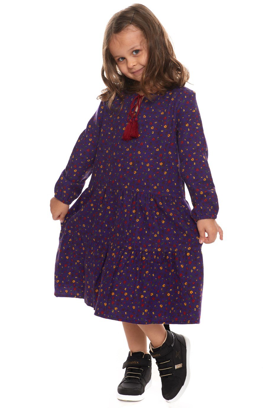 Newbutix Mor Uzun Kol Pazen  Püskül Yaka  Çocuk Elbise 