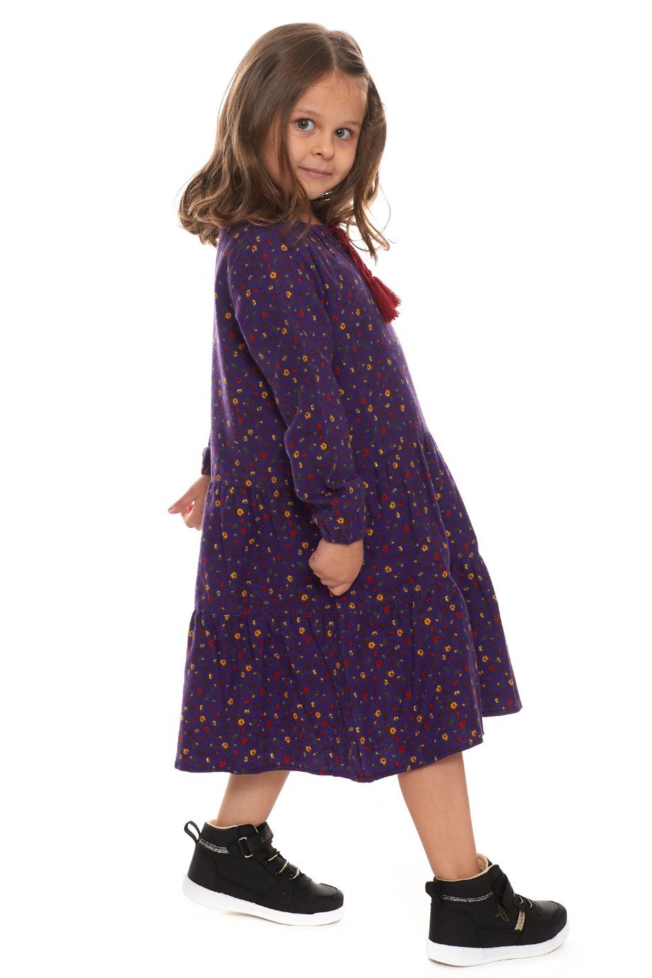 Newbutix Mor Uzun Kol Pazen  Püskül Yaka  Çocuk Elbise 
