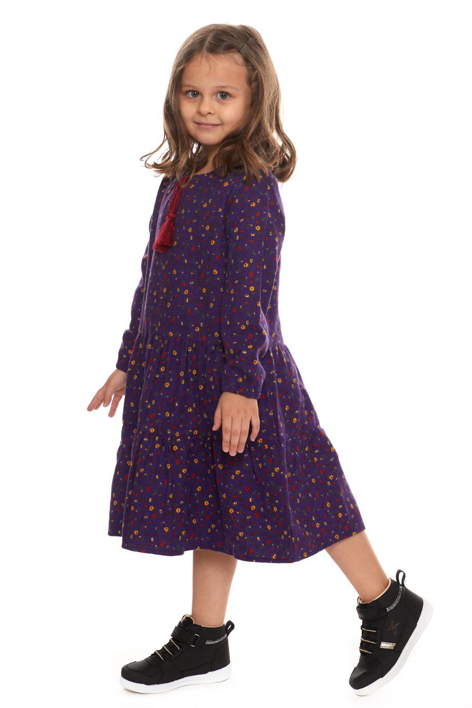 Newbutix Mor Uzun Kol Pazen  Püskül Yaka  Çocuk Elbise 