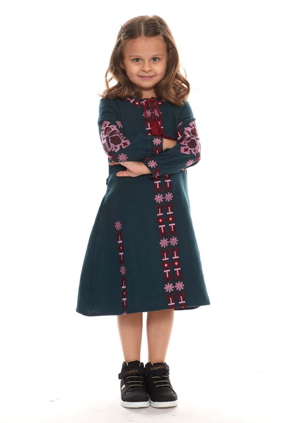 Newbutix Petrol Uzun Kol Pazen Nakışlı  Çocuk Elbise