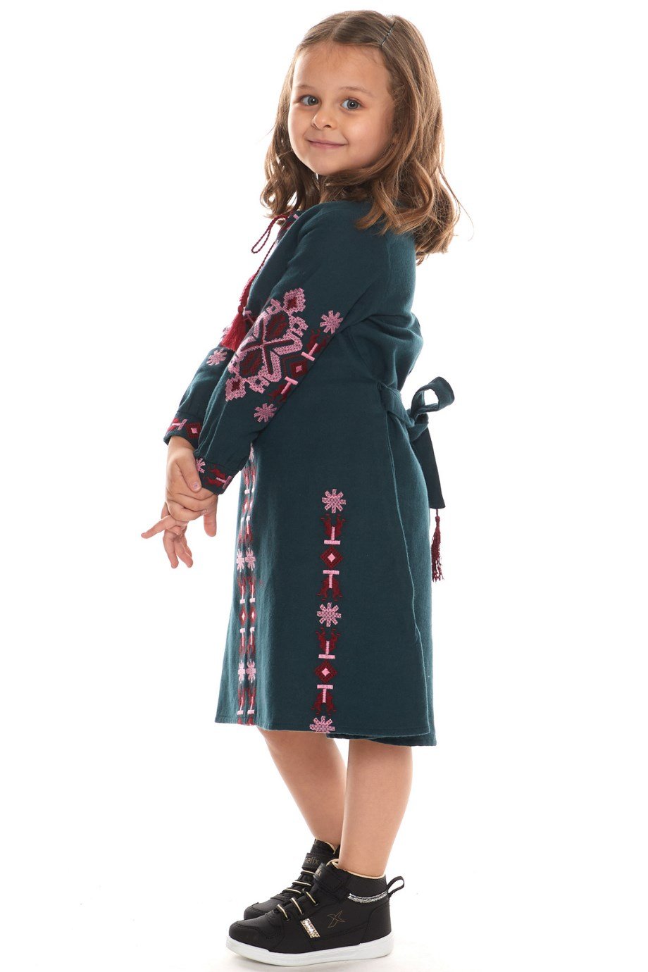 Newbutix Petrol Uzun Kol Pazen Nakışlı  Çocuk Elbise