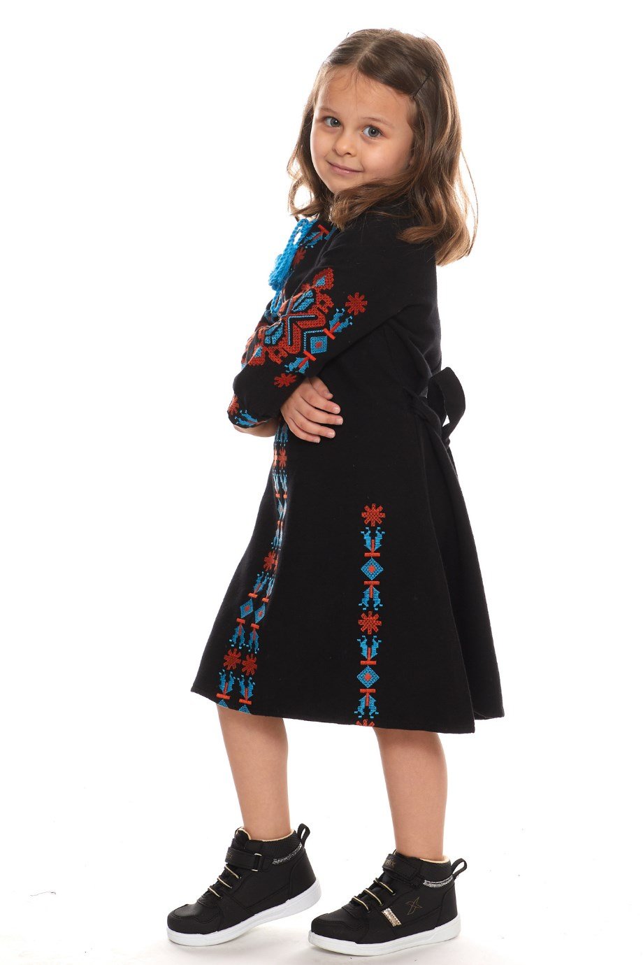 Newbutix Siyah Uzun Kol Pazen Nakışlı  Çocuk Elbise