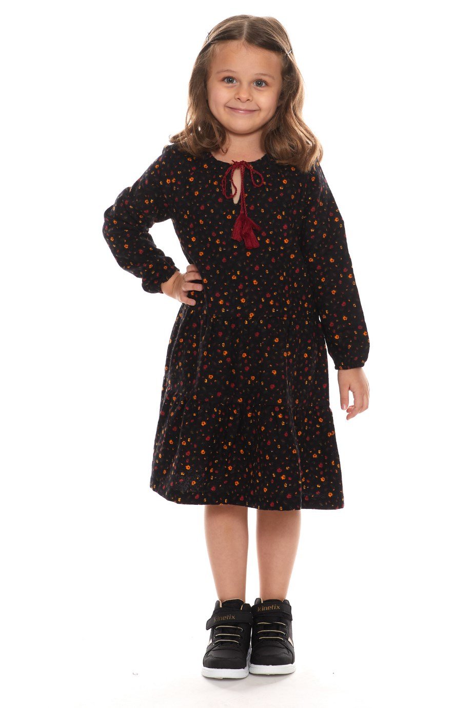 Newbutix Siyah Uzun Kol Pazen  Püskül Yaka  Çocuk Elbise 