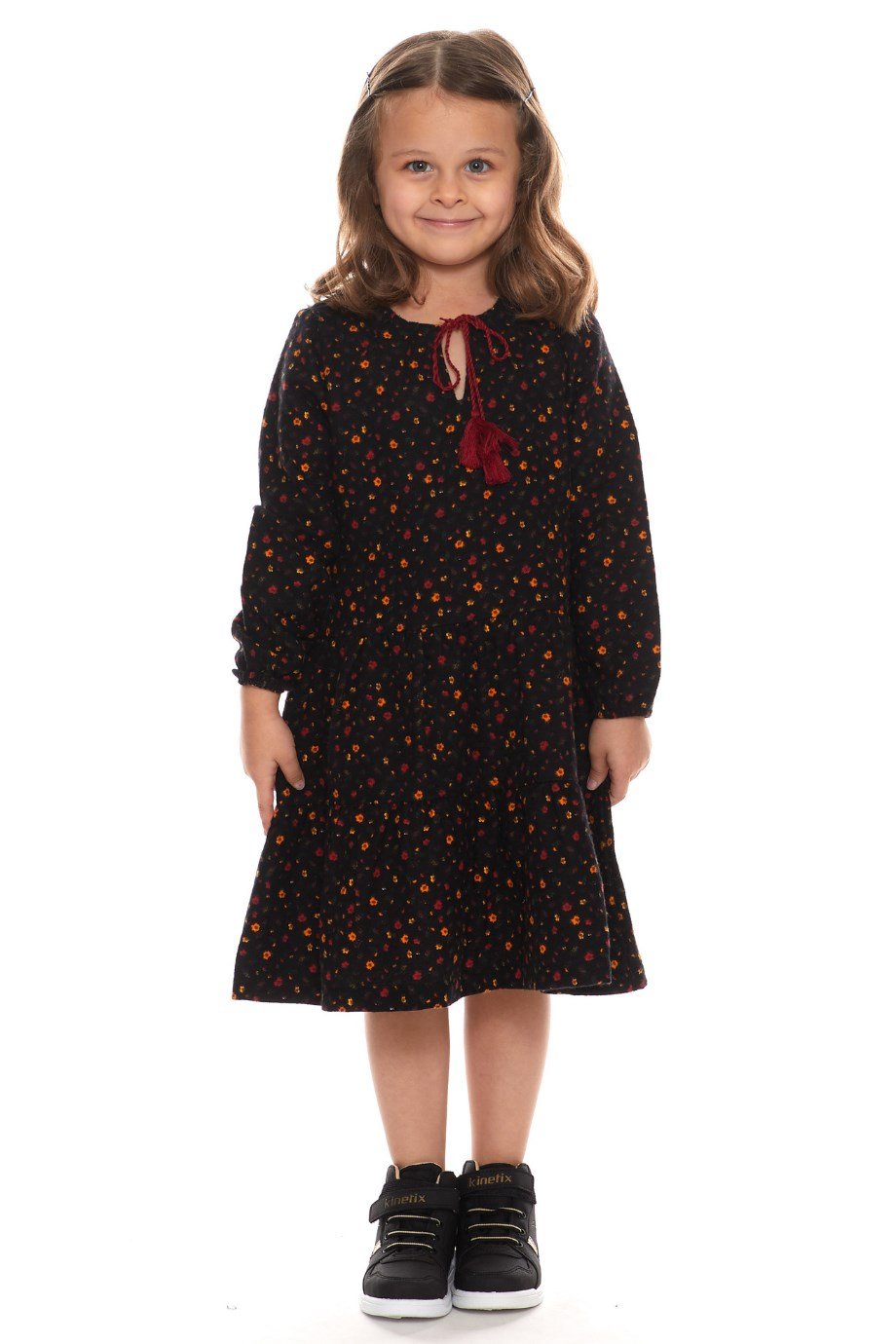 Newbutix Siyah Uzun Kol Pazen  Püskül Yaka  Çocuk Elbise 