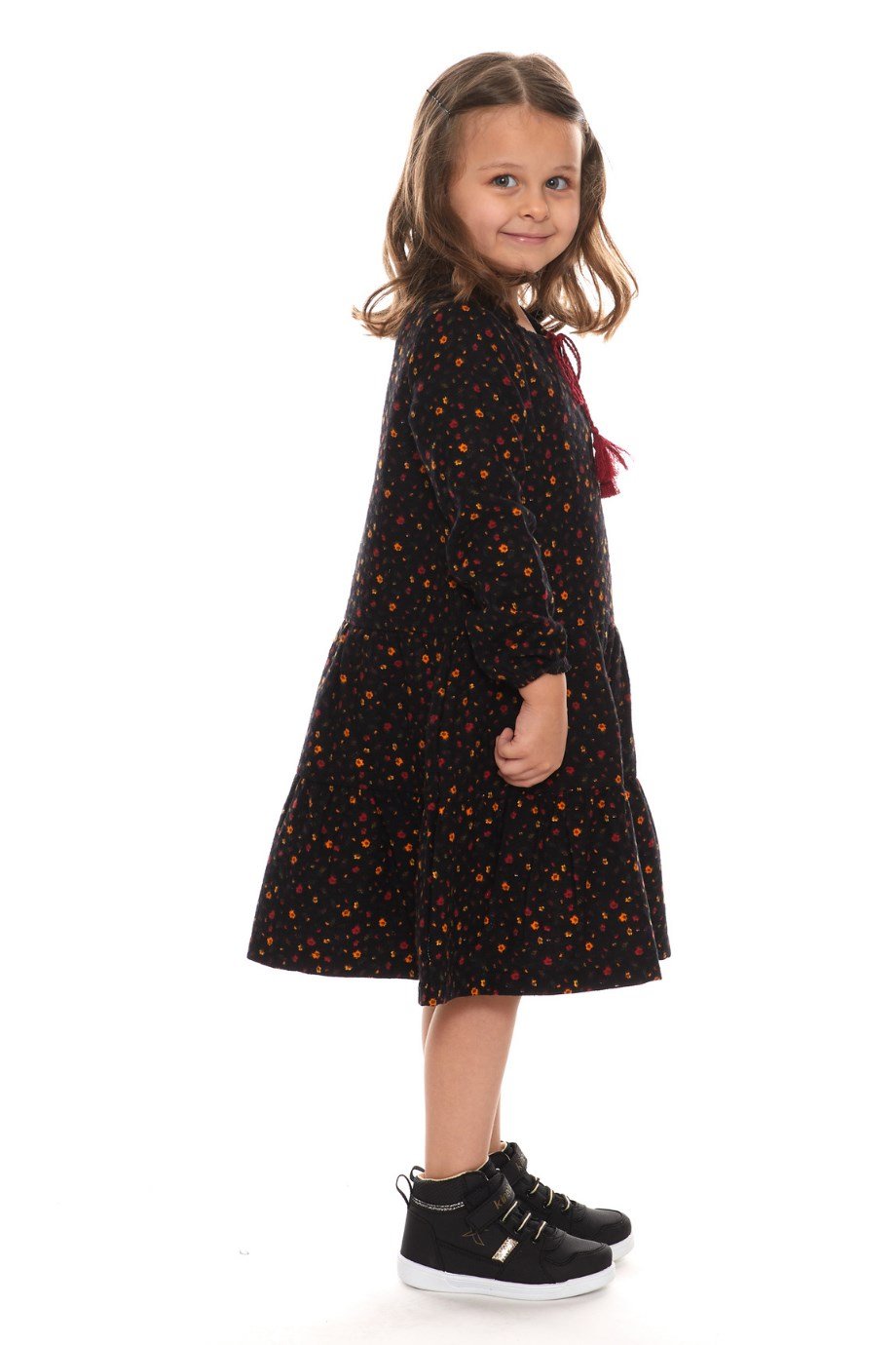 Newbutix Siyah Uzun Kol Pazen  Püskül Yaka  Çocuk Elbise 