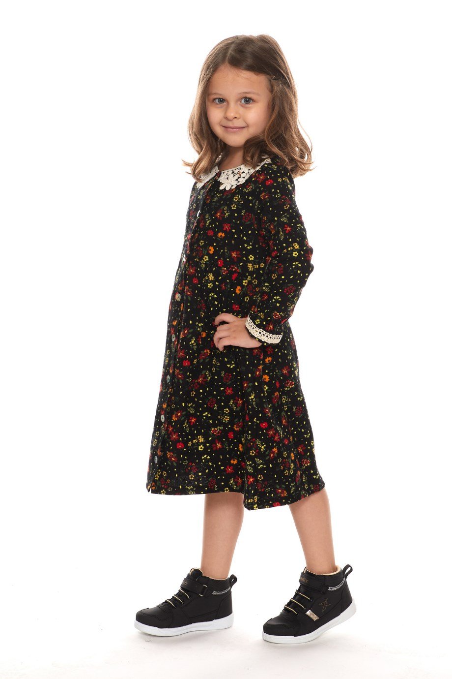 Newbutix Siyah Uzun Kol Pazen Yakalı Çiçek Desen Çocuk Elbise 