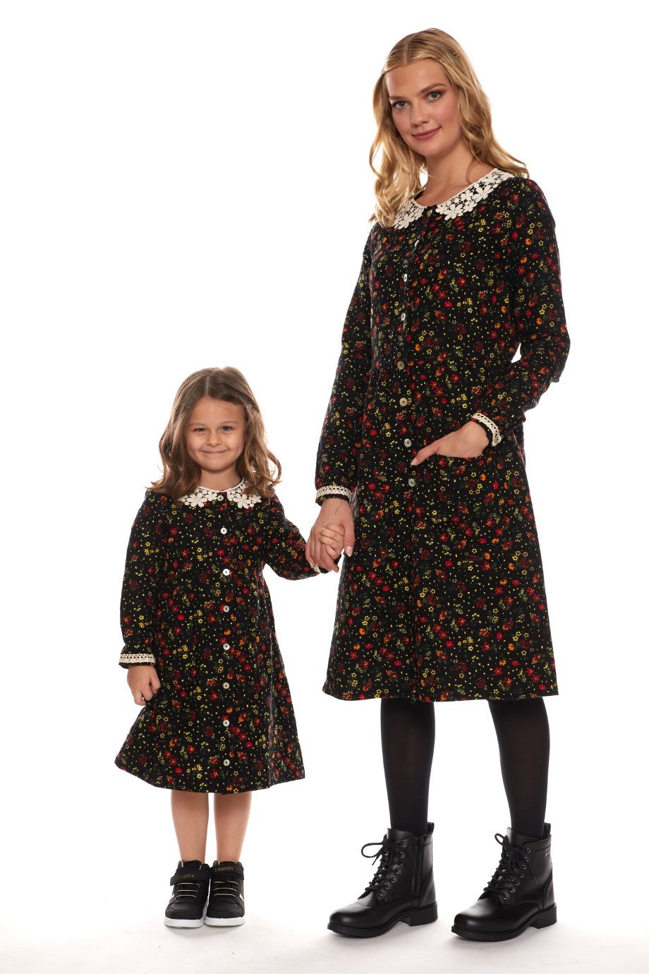 Newbutix Siyah Uzun Kol Pazen Yakalı Çiçek Desen Çocuk Elbise 