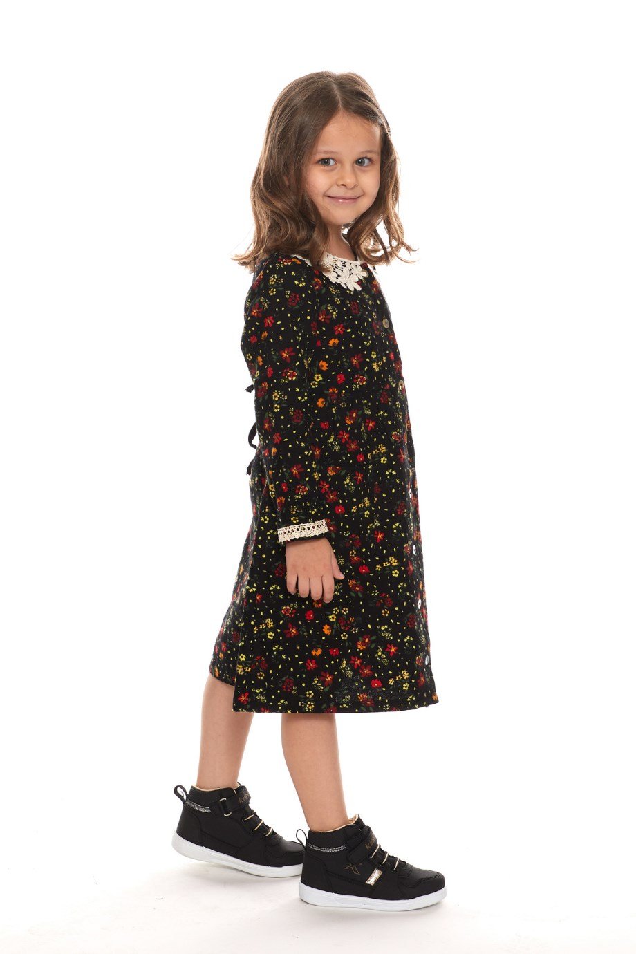 Newbutix Siyah Uzun Kol Pazen Yakalı Çiçek Desen Çocuk Elbise 