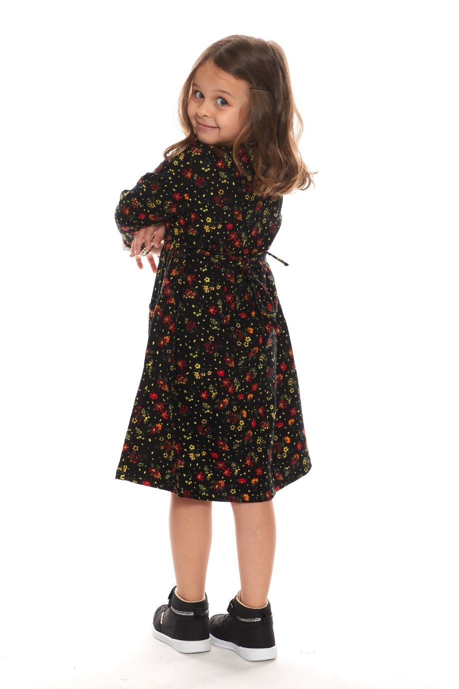 Newbutix Siyah Uzun Kol Pazen Yakalı Çiçek Desen Çocuk Elbise 