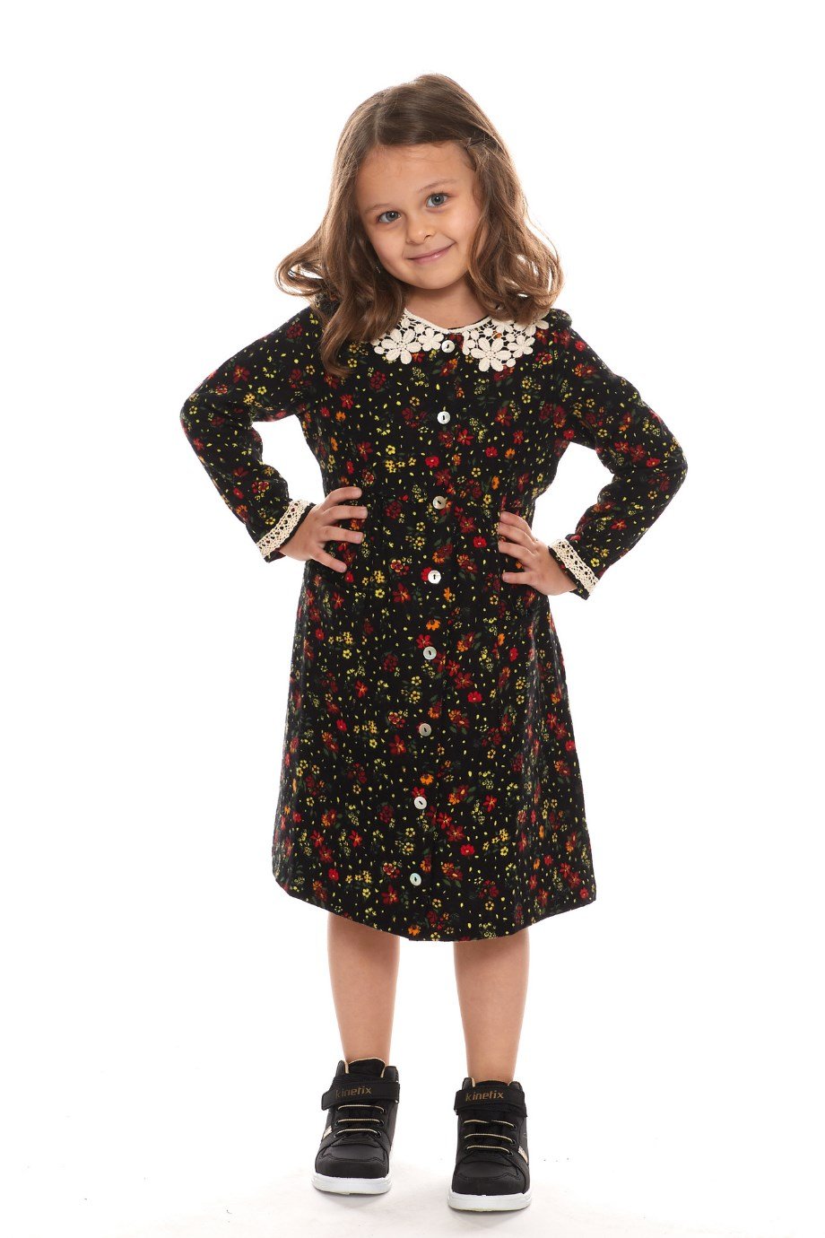 Newbutix Siyah Uzun Kol Pazen Yakalı Çiçek Desen Çocuk Elbise 
