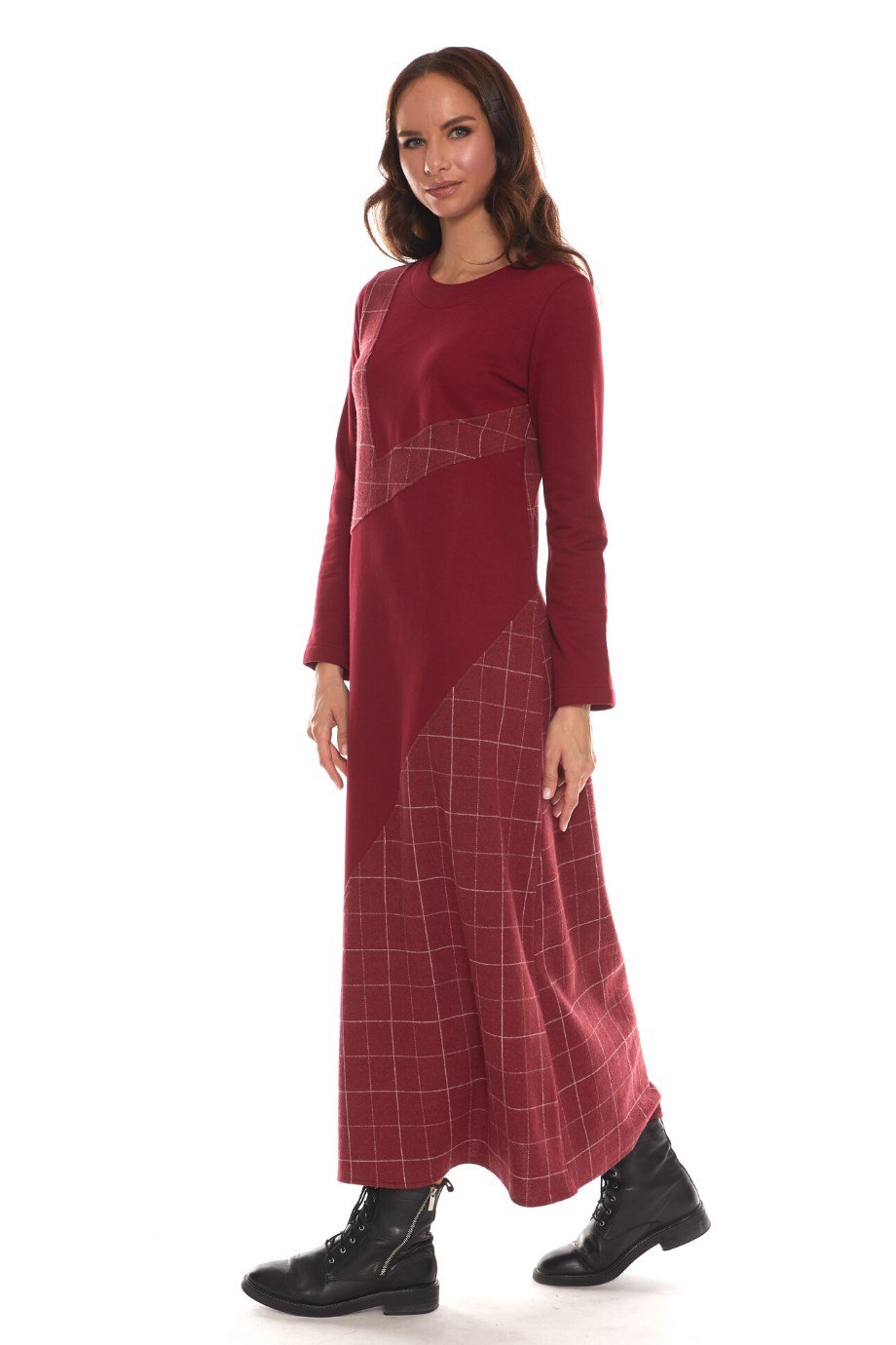 Newbutix Uzun Kol Pazen Bordo Kare Desen Nehir  Elbise 