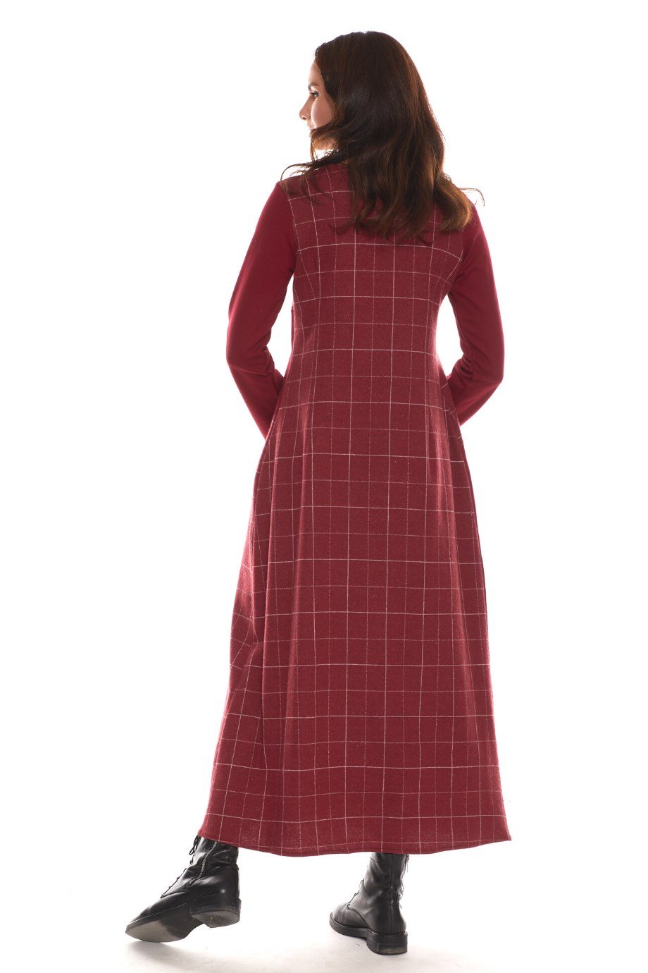Newbutix Uzun Kol Pazen Bordo Kare Desen Nehir  Elbise 