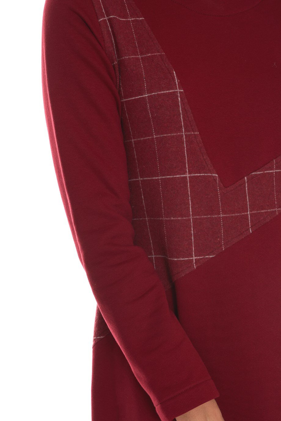 Newbutix Uzun Kol Pazen Bordo Kare Desen Nehir  Elbise 