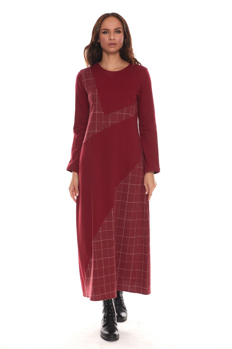 Newbutix Uzun Kol Pazen Bordo Kare Desen Nehir  Elbise 