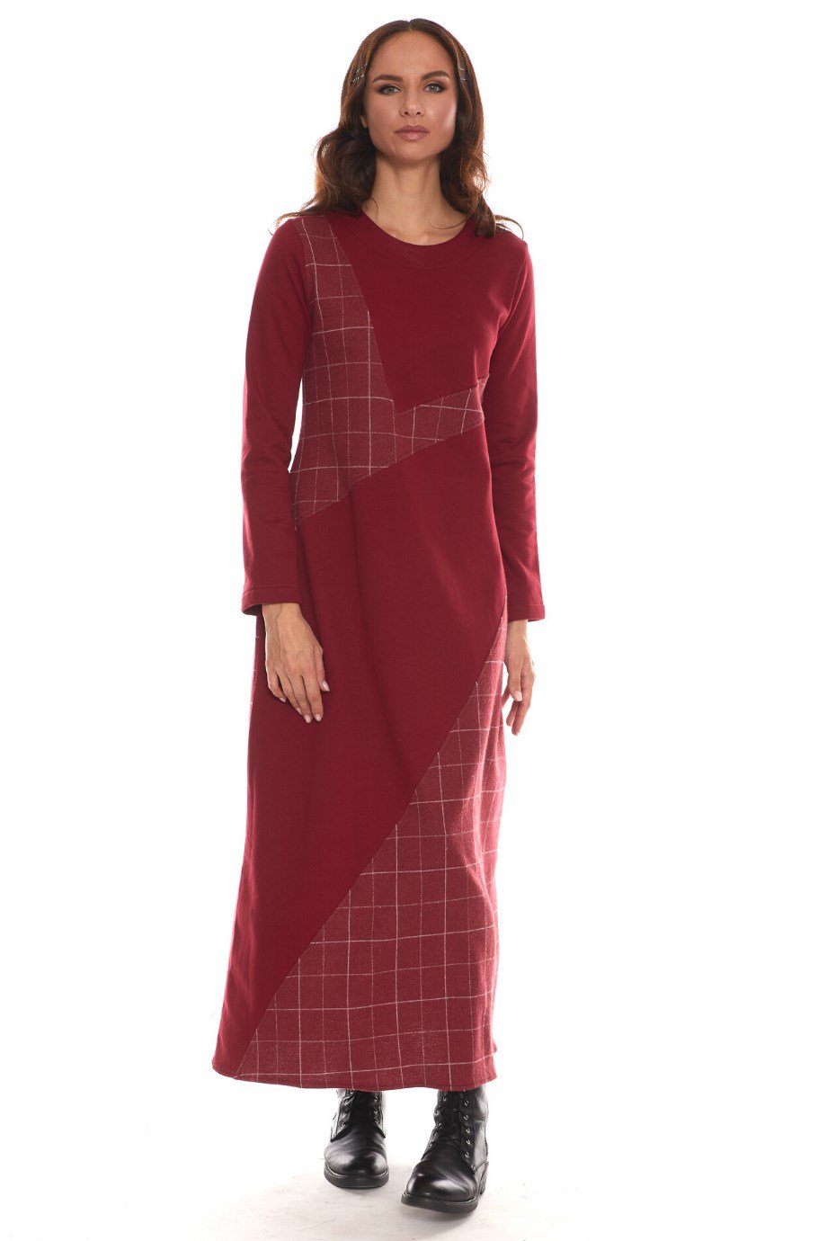 Newbutix Uzun Kol Pazen Bordo Kare Desen Nehir  Elbise 