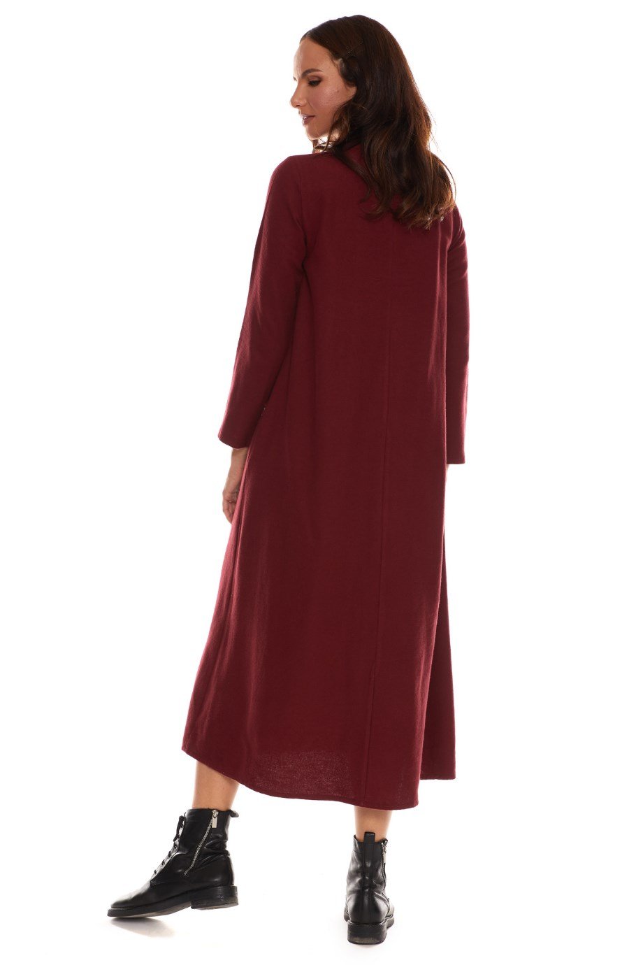 Newbutix Uzun Kol Pazen Bordo Nakışlı Uzun Elbise