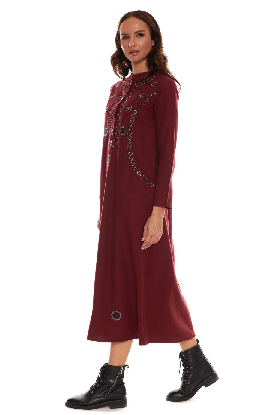 Newbutix Uzun Kol Pazen Bordo Nakışlı Uzun Elbise
