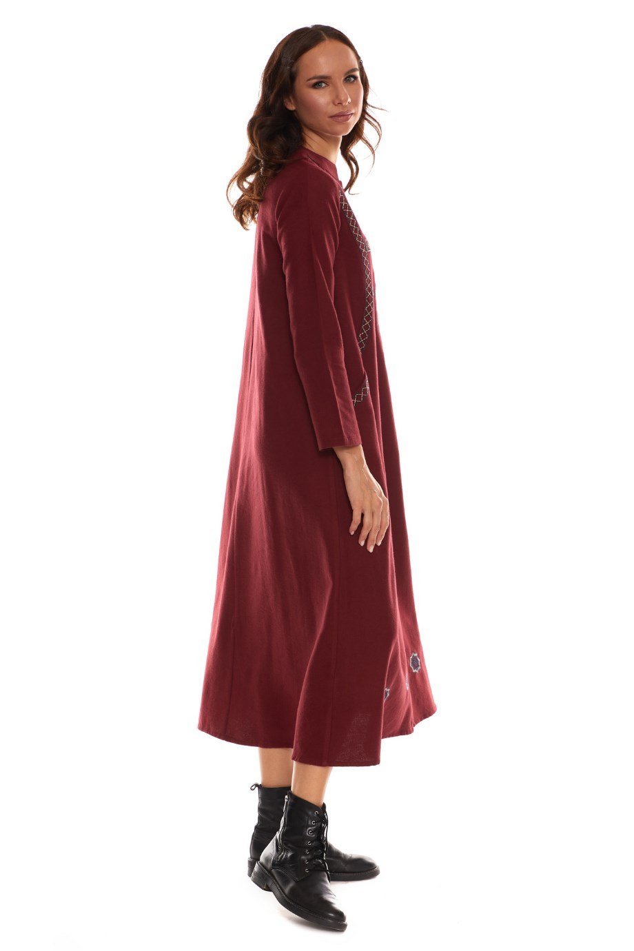 Newbutix Uzun Kol Pazen Bordo Nakışlı Uzun Elbise