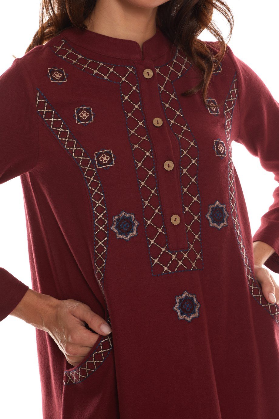 Newbutix Uzun Kol Pazen Bordo Nakışlı Uzun Elbise