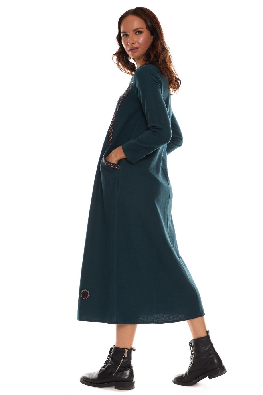 Newbutix Uzun Kol Pazen Petrol Nakışlı Uzun Elbise