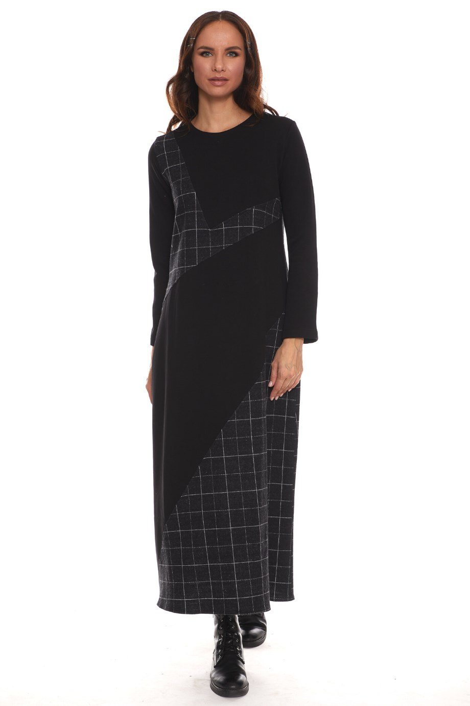 Newbutix Uzun Kol Pazen Siyah Kare Desen Nehir  Elbise 