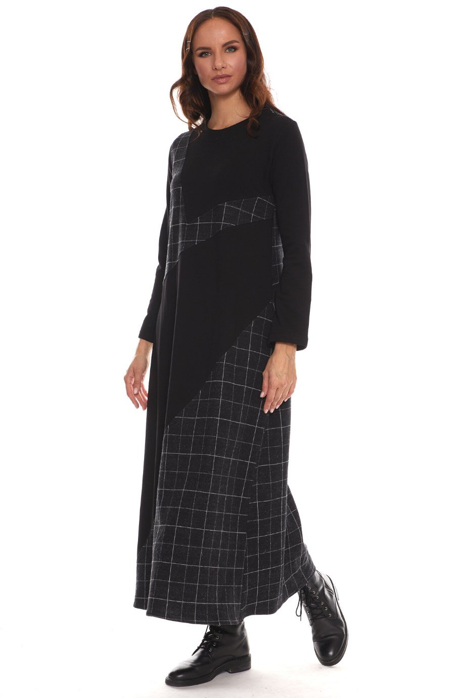 Newbutix Uzun Kol Pazen Siyah Kare Desen Nehir  Elbise 