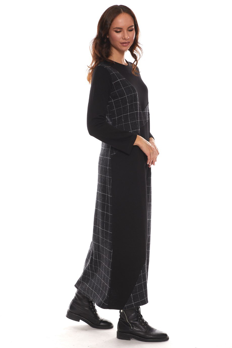 Newbutix Uzun Kol Pazen Siyah Kare Desen Nehir  Elbise 