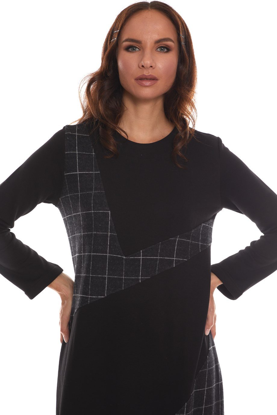 Newbutix Uzun Kol Pazen Siyah Kare Desen Nehir  Elbise 
