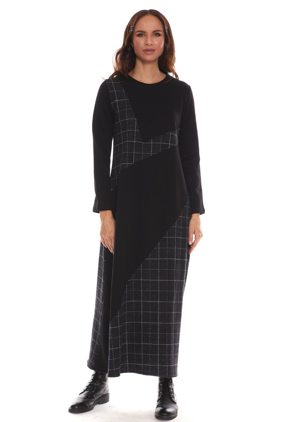 Newbutix Uzun Kol Pazen Siyah Kare Desen Nehir  Elbise 