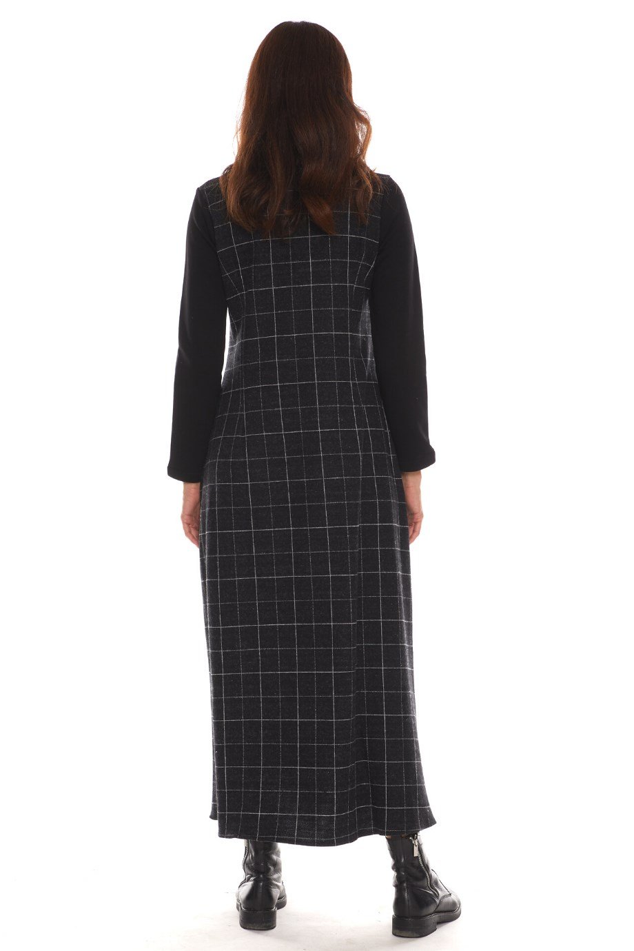 Newbutix Uzun Kol Pazen Siyah Kare Desen Nehir  Elbise 