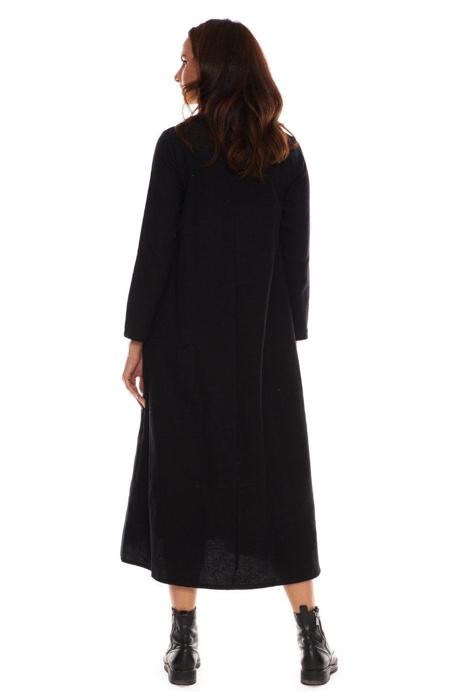 Newbutix Uzun Kol Pazen Siyah Nakışlı Uzun Elbise