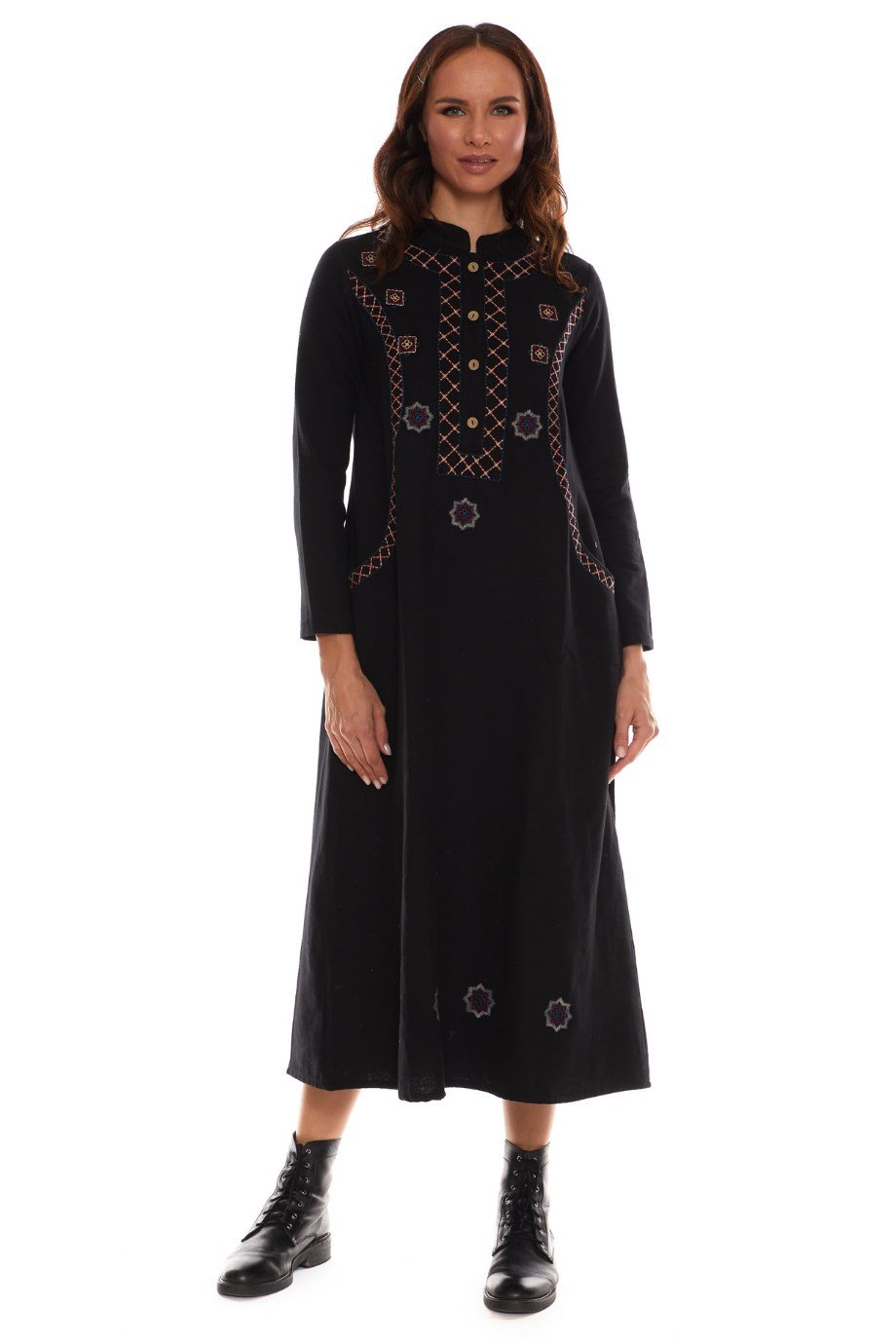 Newbutix Uzun Kol Pazen Siyah Nakışlı Uzun Elbise