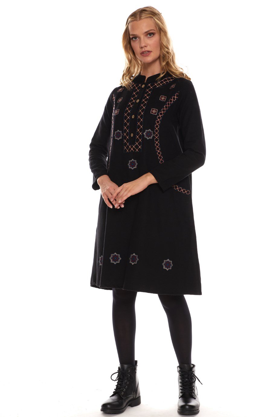 Newbutix.com | Cotton 100% | Long Sleeve Flannel Black Embroidered Short  Dress