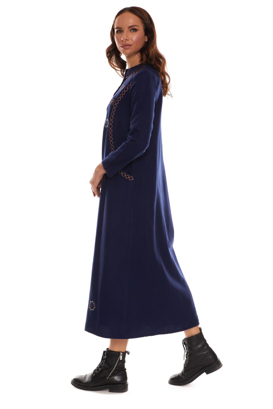 Newbutix Uzun Kol PazenLacivert Nakışlı Uzun Elbise