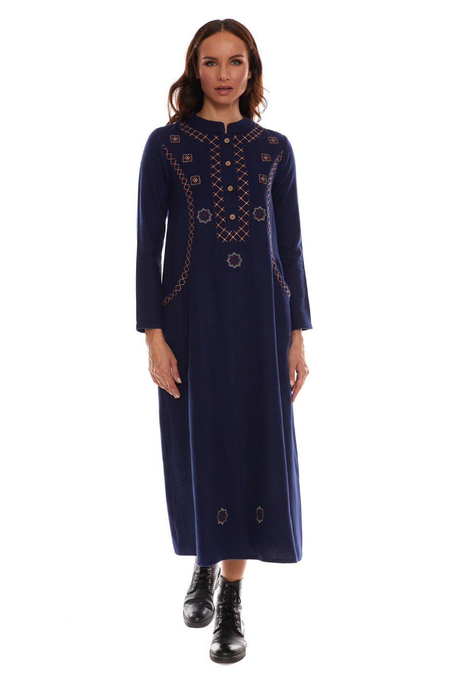 Newbutix Uzun Kol PazenLacivert Nakışlı Uzun Elbise