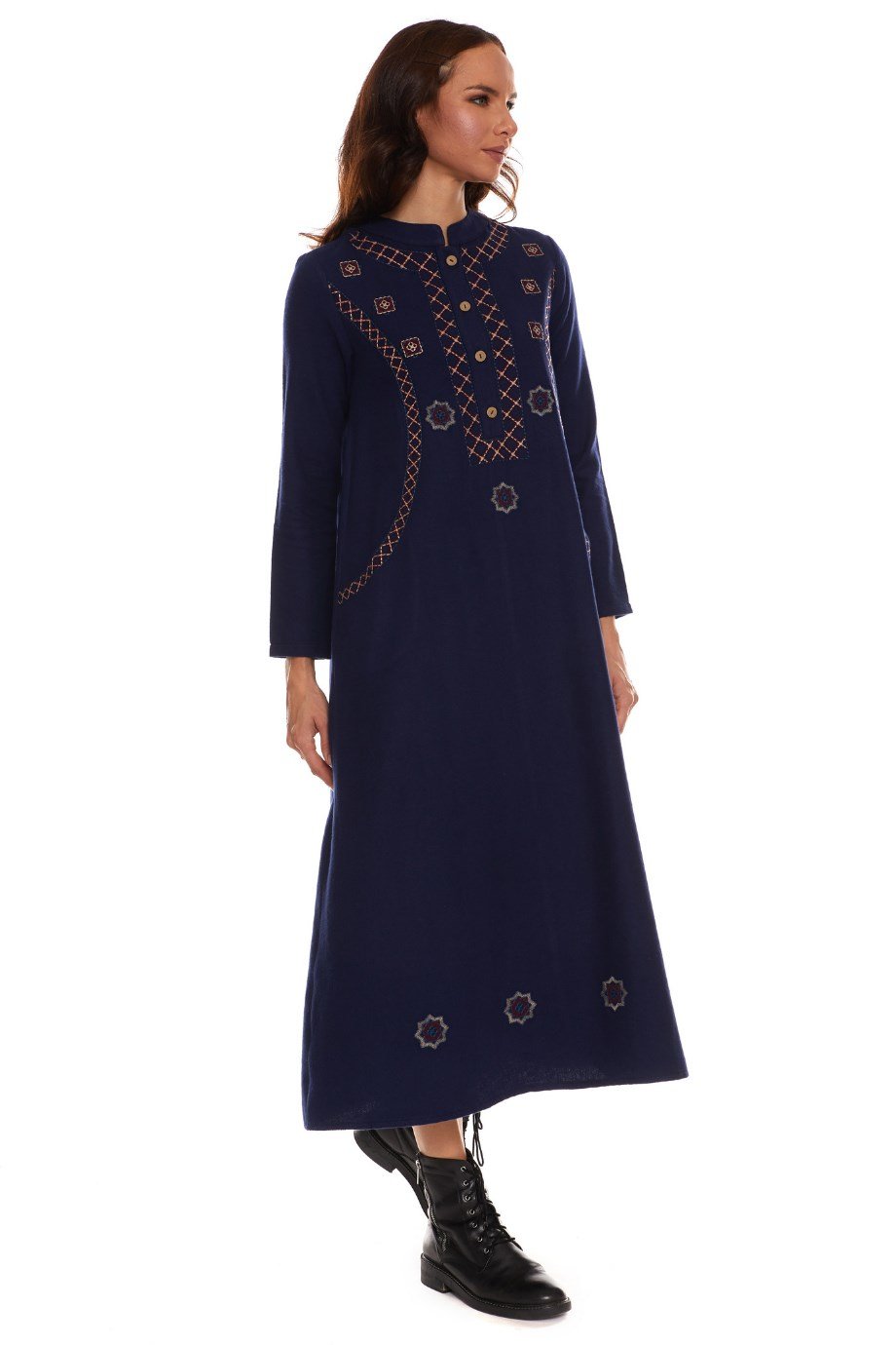 Newbutix Uzun Kol PazenLacivert Nakışlı Uzun Elbise